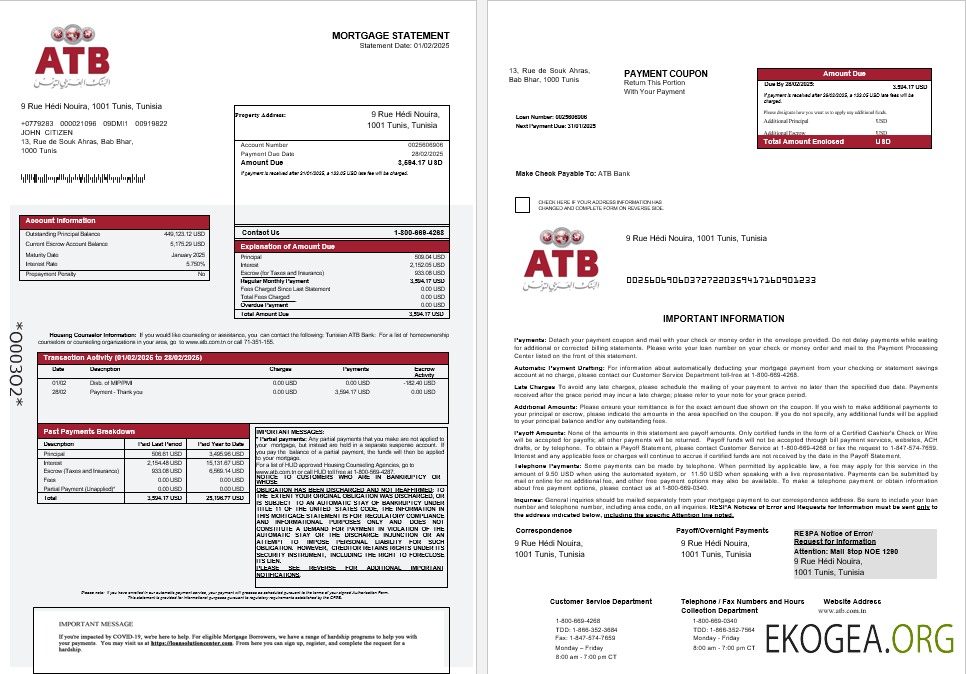 Relevé hypothécaire de la banque tunisienne ATB aux formats Word et PDF 1 , 2